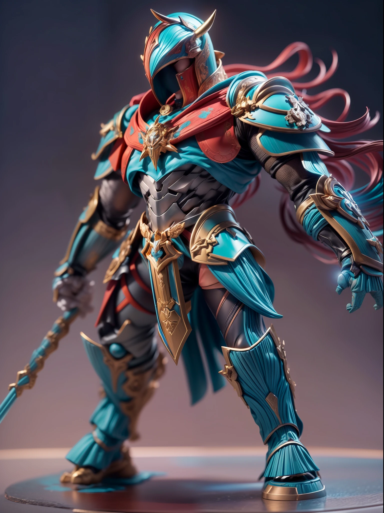 (Blind box toy style:1.3),((full-body shot))(personification) , (1 powerful horse head metal warrior)(alone:1.5) metall armour,dreamy light, Clean dark background,Red-cyan style,(circular base)( global illumination, Ray tracing, human development report, Unreal rendering,Reasonable design, high detail, masterpiece, best quality, ultra high definition, Cinema lighting)