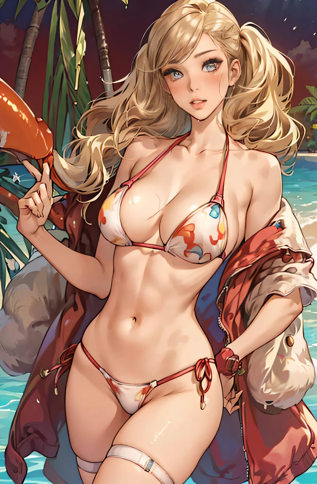 1 Girl, white girl, thot, Blushing, (((Wet Skin)), (dark hair with blonde streaks), brown hair, beauty, top heavy lips, eyeliner, Best Quality, Masterpiece, Ultra High Res, white thong bikini, thong straps, big , mischievous look on face, thong, abs, girl coming out of the pool, slender, narrow hips, ((girl fixing bikini)) strap gap, big