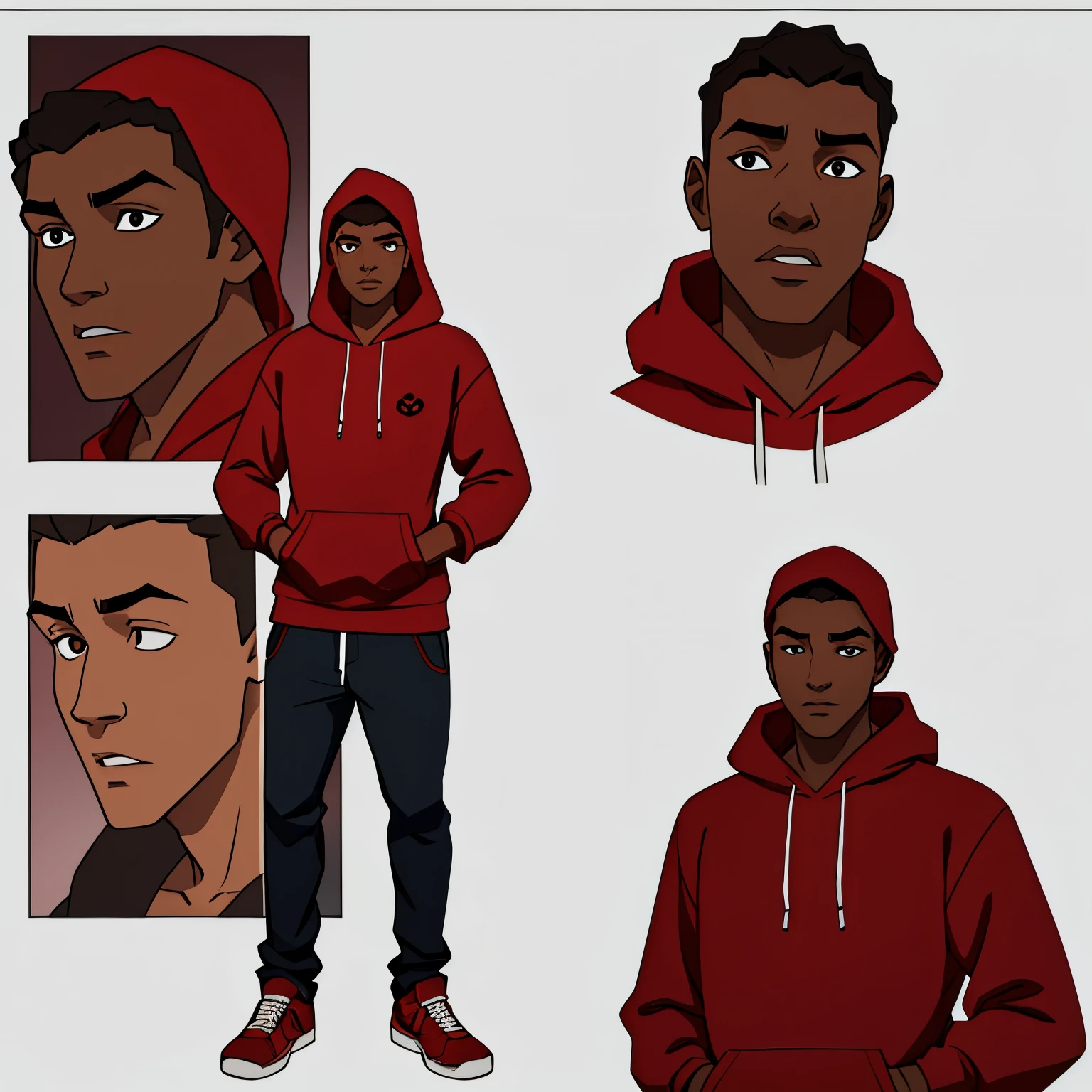 20-year-old, brown-skinned, young man teenager in red hoodie, white skull mask character sheet, style hq