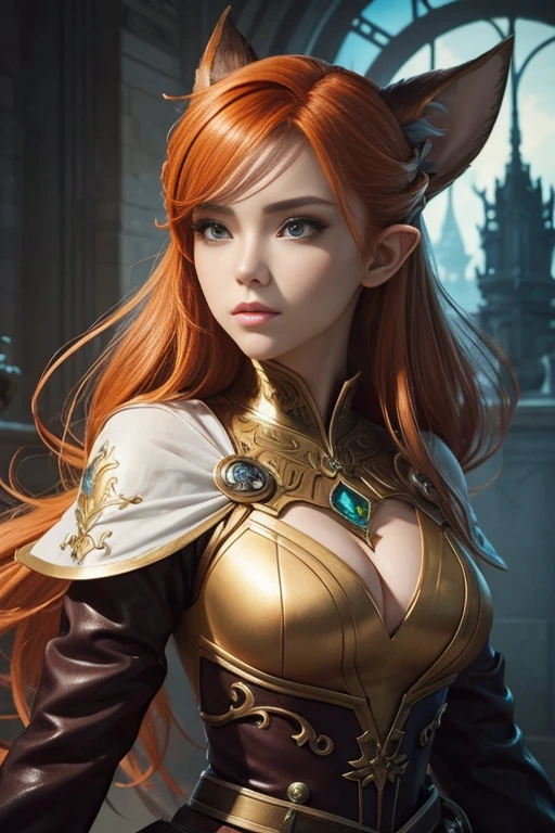 une femme aux longs cheveux roux tenant une épée à la main, style artistique fantastique, Artgerm extrêmement détaillé, epic style artistique fantastique, séduisante elfe princesse chevalier, Illustration fantastique d'anime, Oeuvre fantastique d'anime, epic style artistique fantastique hd, art animé numérique détaillé, artgerm et rossdraws, Peinture numérique Rossdraws, Style d'art numérique fantastique et épique, orange hair long, huge big eyes green colors,big ears, perfect face