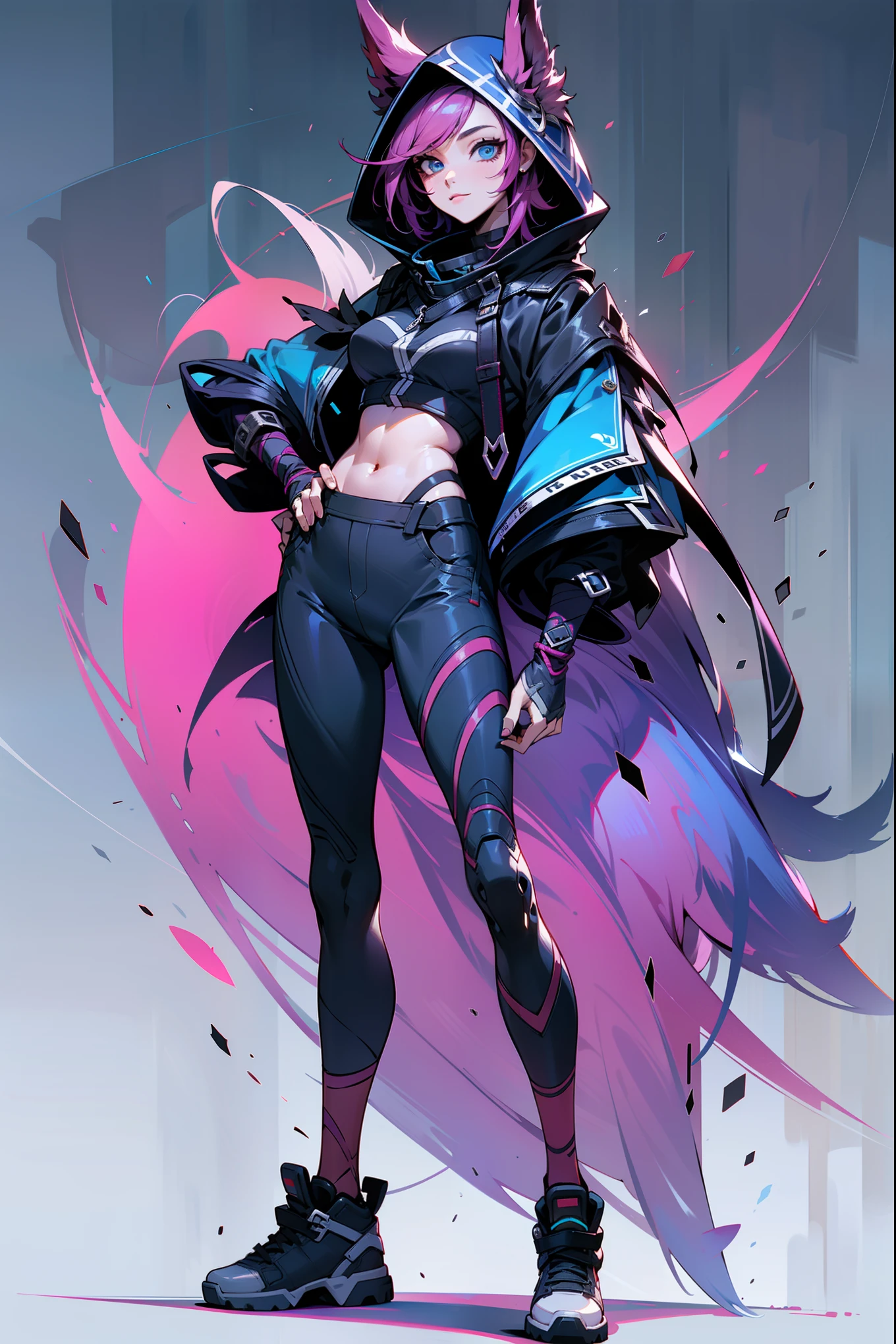 xayah, league of legend, sexy for, Wallpapers, Eyes detailed, ,  mediuml breasts, lookingat_Shown in_peeking at the viewer, mitts, navel, fail, blue_There are eyes, everlasting, full_body, arma, footwear, collars, Black_mitts, septum, hooded, the hair_exceed_Yoon_There are eyes, cropper_top, hoody, Black_trouser, athletic sneakers, cropped_jaket, cyber punk personage, cropped_hoody