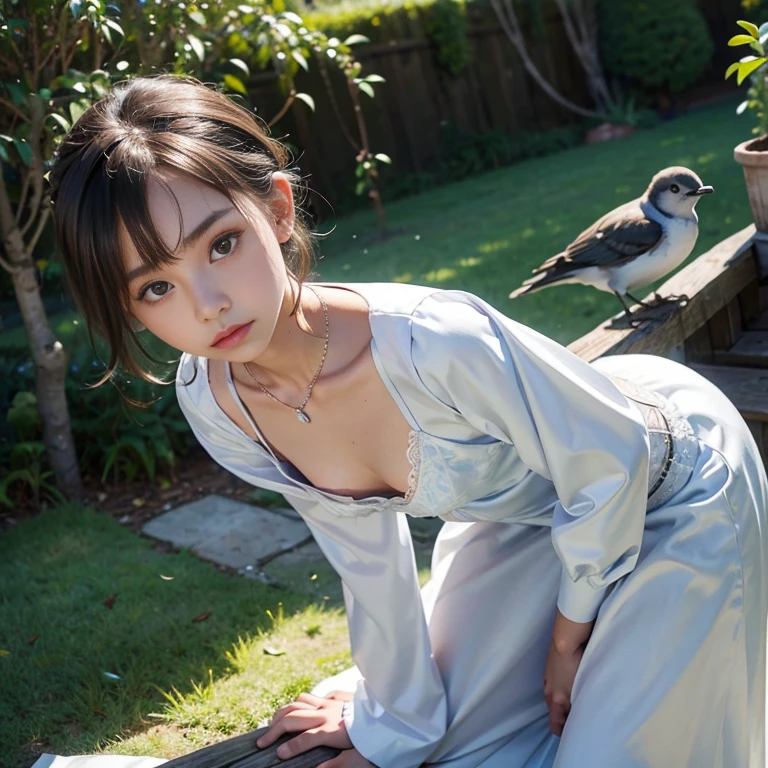 1 girl, downblouse, 15 years old, munechira,(((small breasts))), looking away,leaning forward,bending over, birds-eye view shot , Upper body, necklace ,in at wedding reception,long sleeves loose dress, besides decolated detailed  bra within,long skirt, short hair ,8K, Best Quality, Masterpiece, Ultra High Resolution, (Realism: 1.4), Original Photo, (True Skin Texture: 1.3),