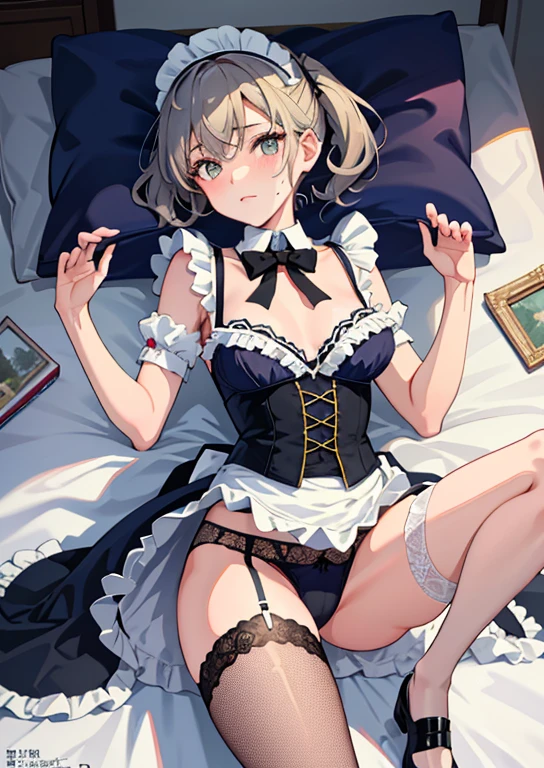 maid, (masterpiece, highest quality:1.1), sexy lingerie, stockings, garter belt、((highest quality)), ((masterpiece)), (become familiar with), Girl with the perfect face， best quality people， （（（（Light costume））））， （big breasts）， Sparkling， （20-year-old）， （（White string： 1.5））， （（（Chest dew： 1.5））））， （（please lie down on the bed： 1.5））））， （（（open your legs： 1.8）），maid、bare chest、Spread your with your hands。sweaty。　have sex in bed。Wearing fishnet stockings，spread your legs