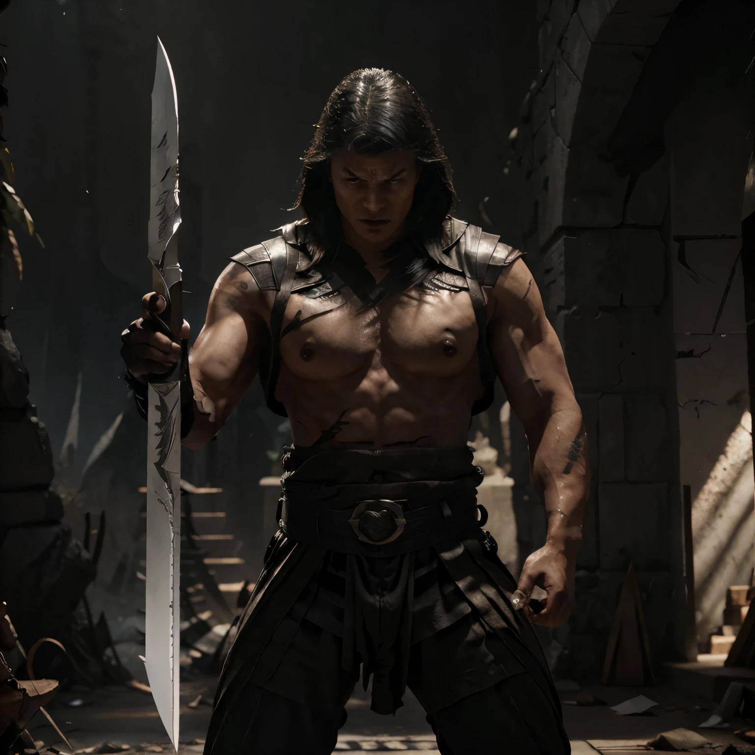 has an imposing presence with 1,93m de altura. Seu corpo, musculoso e resistente, is marked by scars from past battles, witnesses to his rapid regeneration ability. Your eyes reflect solid determination, while wielding the Blade of Odin with grace and strength.