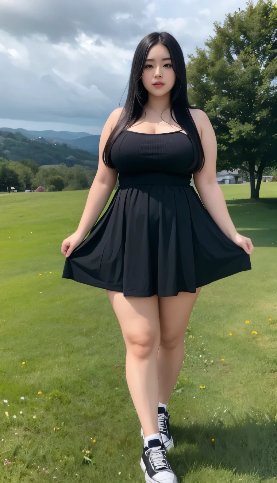 A beautiful beauty, long black hair, big eyes, round face, dress, tight purple skirt, sneakers , slightly fat, plump and sexy, delicate facial features, on the grassy hillside, black grass and words, dark sky and dark clouds, HD, high quality, the best picture quality, chubby massive thighs,