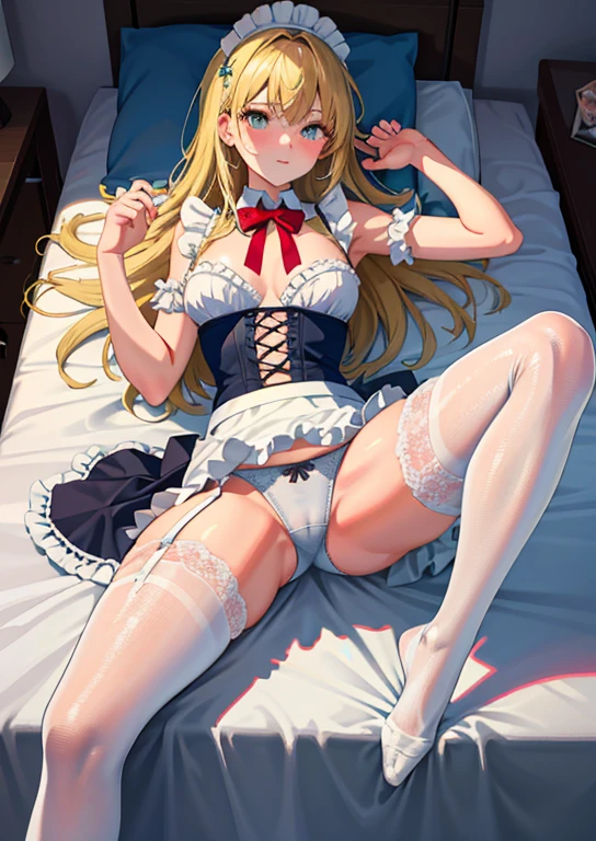 maid, (masterpiece, highest quality:1.1), sexy lingerie, stockings, garter belt、((highest quality)), ((masterpiece)), (become familiar with), Girl with the perfect face, best quality people, ((((Light costume)))), (big breasts), Sparkling, (20-year-old), ((White string: 1.5)), (((Chest dew: 1.5)))), ((please lie down on the bed: 1.5)))), (((open your legs: 1.8)),maid、bare chest、Spread your with your hands。sweaty。 have sex in bed。Wearing fishnet stockings,spread your legs。naked figure