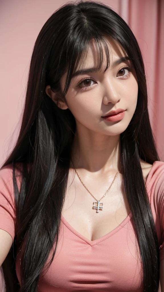 um close up de uma mulher tirando uma selfie sorrindo com um celular, Asian woman with long black hair with bangs and a necklace, Retrato realista de Kawaii, Rosto detalhado de uma japonesa, corte de cabelo preto longo com franja, rosto de anime natural fofo, young lovely korean face, cabelo preto e olhos grandes, ela tem cabelo preto com franja, beautiful asian girl, cabelo preto longo com franja, japonesa, kawaii, com franja, franja, top rosa, roupa rosa, vestido rosa, selfie, ela tem cabelo preto longo com franja, pouco peito, peito pequeno, rosa vestido, cropped rosa claro, roupa rosa claro, peito pequeno, cinco dedos, , mamas pequenas, vestido rosa, vestido rosa florido