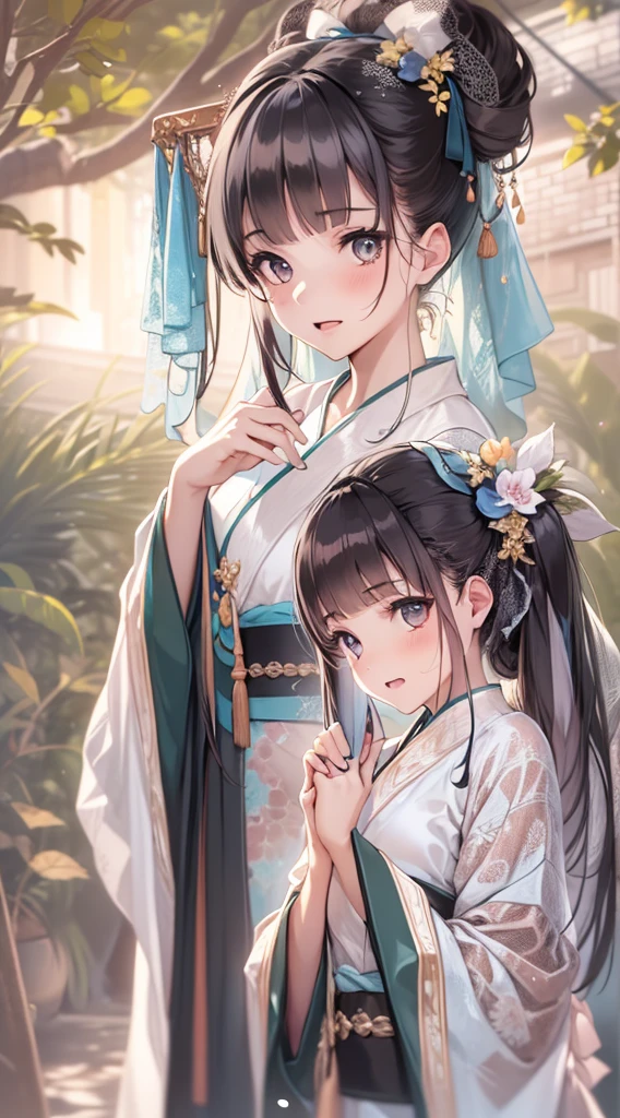 tmasterpiece! Premium image quality! A girl with a full body realistic life, Rich Hanfu costumes on a gorgeous background, Medium hair, double ponytail, black hair，Qi bangs, with brown eye。