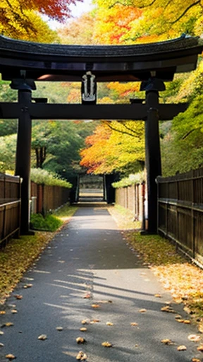 Scenery of Itsukushima Shrine's large torii gate and autumn leaves