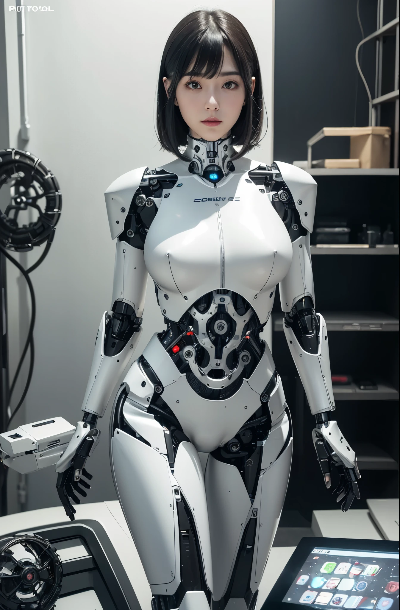(photorealistic:1.4), (RAW photo)masterpiece, best quality, extremely detailed, (8K, 4K, Best Quality, hight resolution, 超A high resolution:1.1), 8K portrait,1girl in, Japaese android girl,announcer,Plump ,metallic robot girl,silver robot girl, control panels,android,Droid,Mechanical Hand, Robot arms and legs, Black hair,Mechanical body,Blunt bangs,White Robotics Parts,perfect robot woman,Charging spot,Long Tube,A thick cable was connected to her neck,android,robot humanoid,a bit chubby,full eyes,perfect mechanical silver body,silver robotics body,future assembly plant,She has repaired,black sponge joints,android assembly plant,android,laboratory,perfect machine body,metallic body,silver body,silver admen,The removable cover is in the groin,The connection port is in the groin,perfect mechanical breast,robotic body suits,