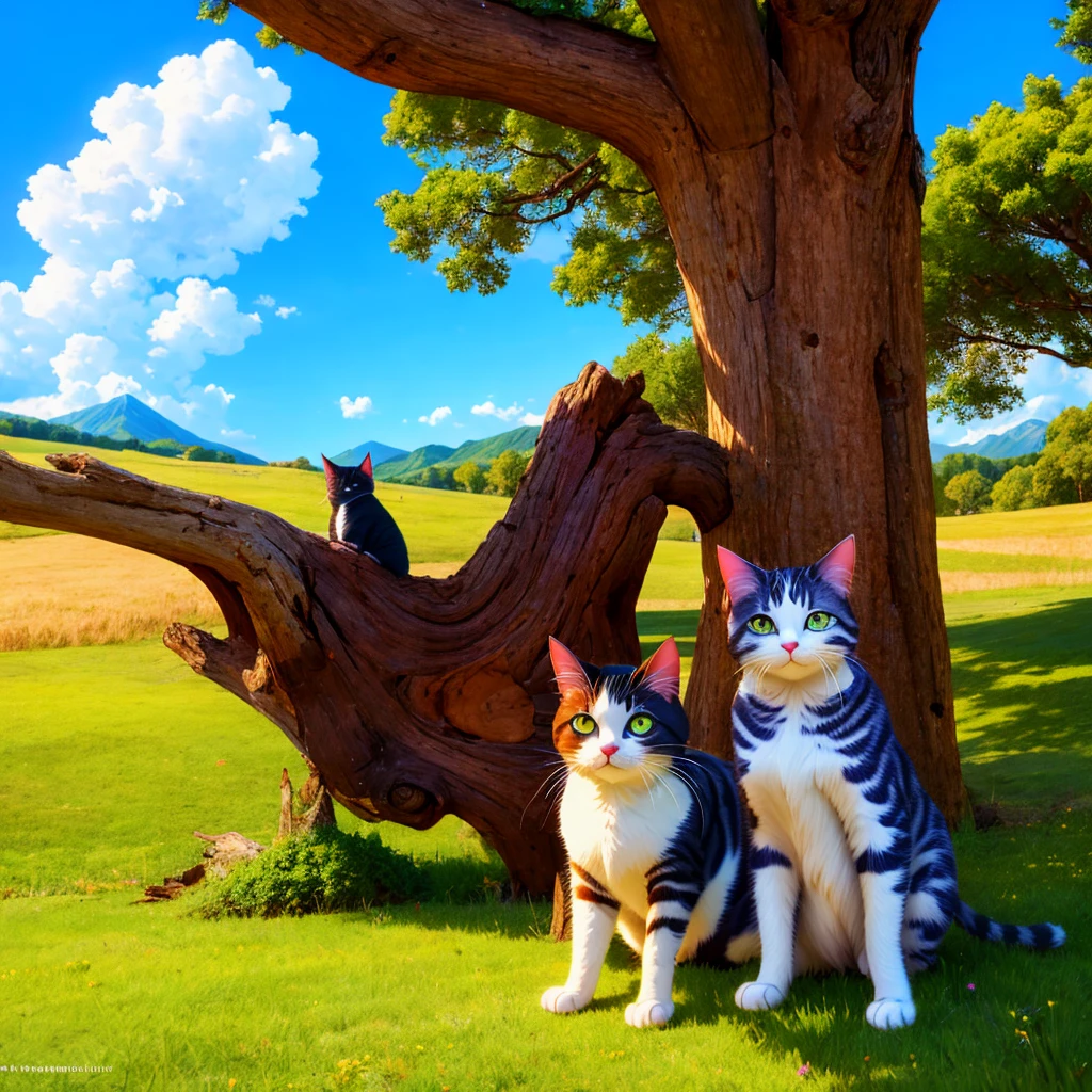 green eyes, outdoors, sky, day, cloud, tree, blue sky, no humans, shadow, animal, border, cat, grass, scenery, white border, mountain, sun, animal focus