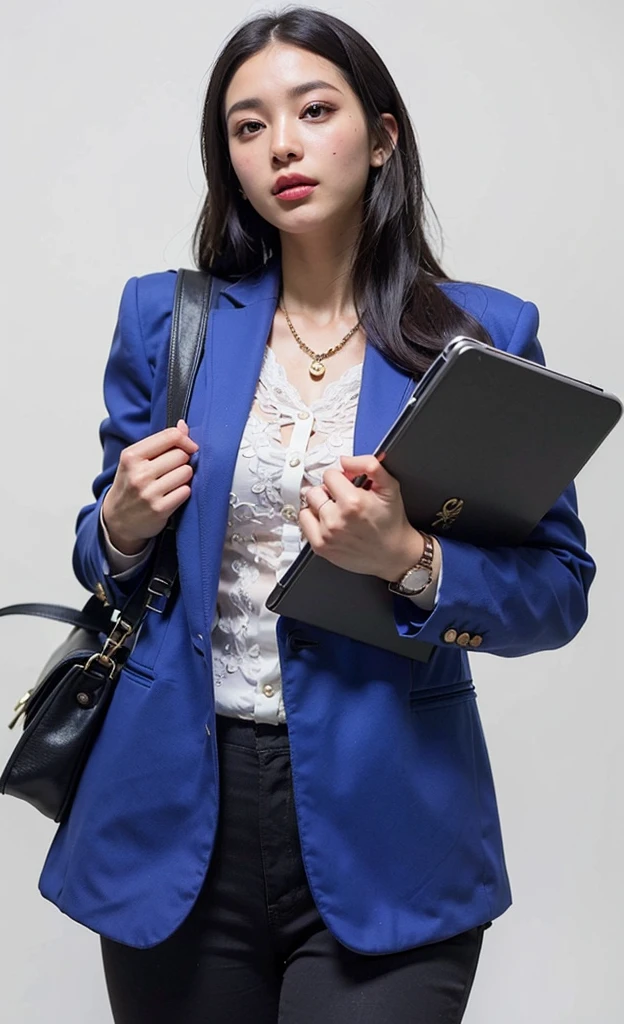 photorealistic, real girl , ((1 girl)), ((ultra-realistic)), gloss, 8k, detailed face,arafed woman in a blue jacket holding a laptop and a black bag, a portrait by Gina Pellón, pexels, tachisme, girl in suit, girl in a suit, holding notebook, woman in business suit, wearing a blue jacket, wearing blue jacket, wearing business suit, crisp details, wearing a business suit, young business woman