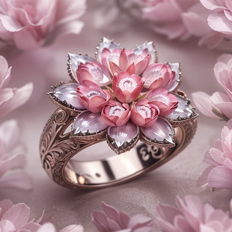large flower shaped ring,sparkling pink diamonds,exquisite craftsmanship,Detailed Engraving,soft lighting,colorful texture,Macro Photography,(high quality,very detailed,realistic:1.37),
