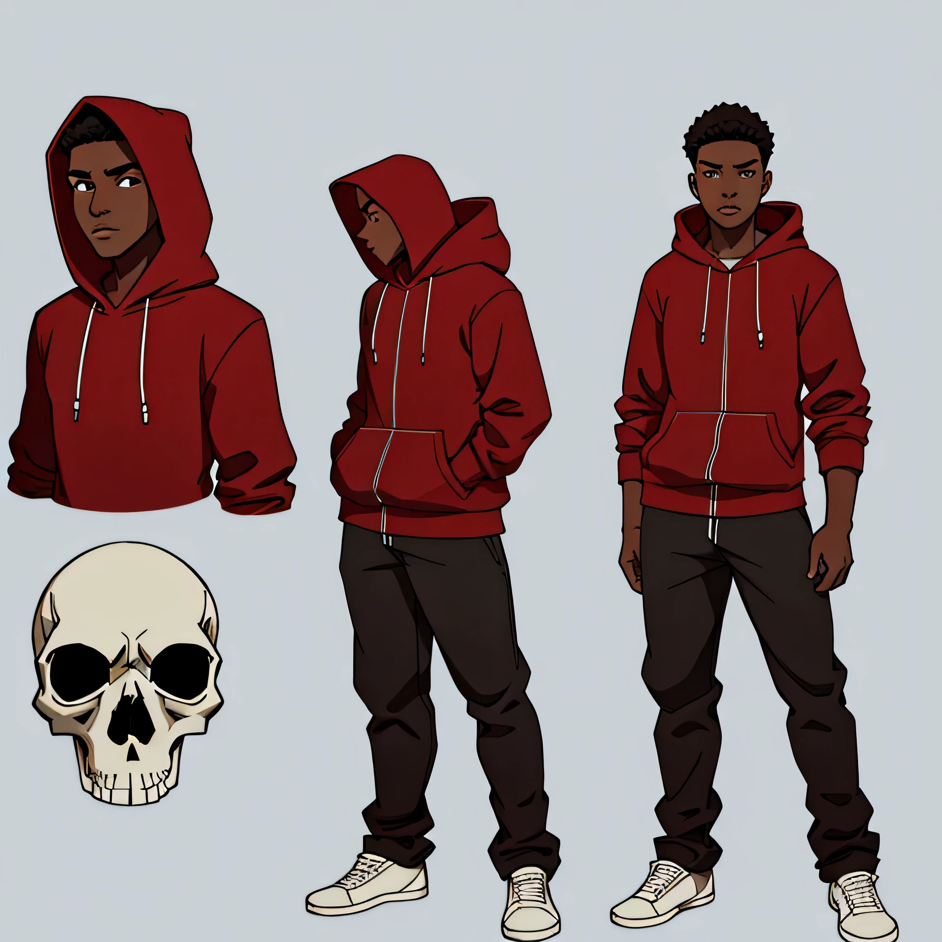 20 anos, Morena, jovem adolescente com capuz vermelho, white skull mask character sheet, estilo HQ