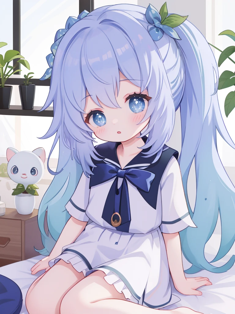 extremely detailed CG unified 8k wallpaper, very fine 8KCG wallpaper, absurderes, ,Best Quality ,ultra-detailliert ,Beautiful face ,masterpiece、Show from head to waist、sitting on、top-quality(masterpiece), top-quality, lightblue hair、naked、cute little、masterpiece、top-quality、Top image quality、Inside the building、Sleeping in bed