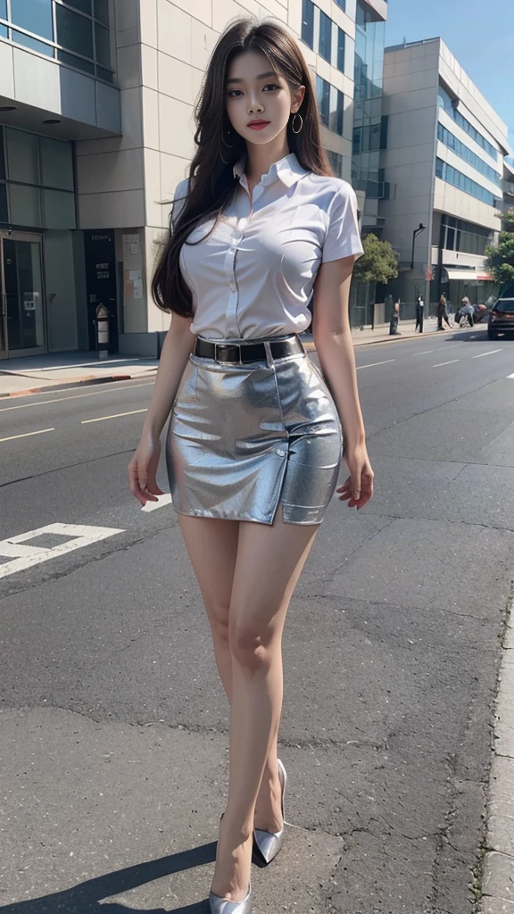 highest resolution, 8K, high definition,((Special emphasis on long hair)),((Long hair 1.2 meters)),Thai Students,Half Thai, Japanese, Korean,Height 173 centimeters,((stand,walk)),Beautiful face,แต่งBeautiful face,Double eyelids,red lips,smile at the corner of the mouth,beautiful eyes,Wear red and blue contact lenses.,Beautiful Woman,The texture is realistic., ((Slim white short-sleeved shirt)),((collar shirt)),((silver shirt buttons)),((black short pencil skirt,Very short,Side incision,กระโปรงสีดำพร้อมbeltผู้หญิง,tight)),((Huge breasts,Breast augmentation,เต้าBig tits,Big tits,Plump milk,Fluffy milk,Huge breasts)),((Symmetrical shape,sexy figure,Thin,slim,small waist,Long legs,Beautiful thighs)),((Pitch black high heels,earring,Put on a watch,belt)),(full body,Look at every part of the body.),((university backdrop, building,building,lawn,outdoor sports field))