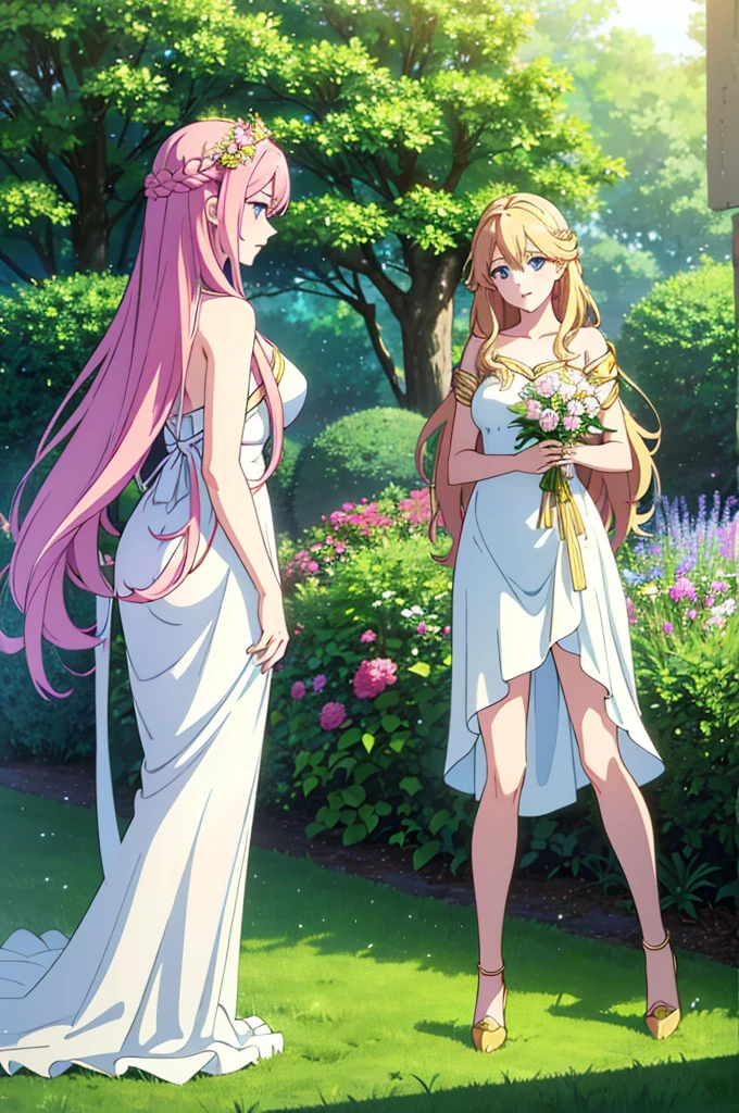 Two beautiful girls,daughter of goddess aphrodite。TwinMedium: Oil paintingPicture details: Two girls in the garden,Wearing an elegant white dress,Standing in a sea of colorful flowers。Their long golden hair blows in the wind,Reveals mesmerizing natural curls。Their slender and elegant white arms are inlaid with gorgeous gold bracelets,Flashing with a shimmering light。They sparkle with beautiful and detailed blue eyes,Like a star in the blue sky。Their cherry red lips are charming and bright,As if tempting everyone to come closer。
Image quality: (best quality, 4k, 8k, high-res, masterpiece:1.2), ultra-detailed, (realistic, photorealistic, photo-realistic:1.37), HDR, UHD, professional, vivid colors, studio lighting
Art style: portraits, fantasy, goddess-themed, ethereal
Color tone: Charming pinks and soft greens,Add a dreamy atmosphereLighting: Natural bright sunlight shines in the garden,Illuminating the figures of the girls,Brings warmth and vitality to the picture。