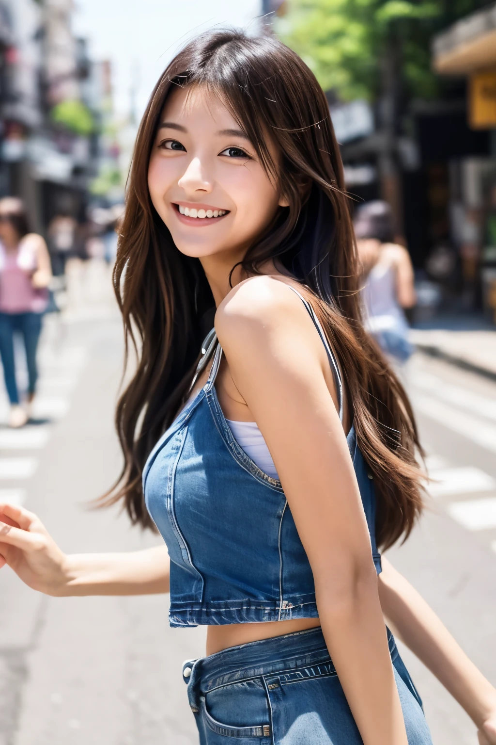 Cute Japanese smiling beauty Bewildered look long hair Hair is bunched back Tank top jeans The whole body is shifting Walking along a western street bright sunshine