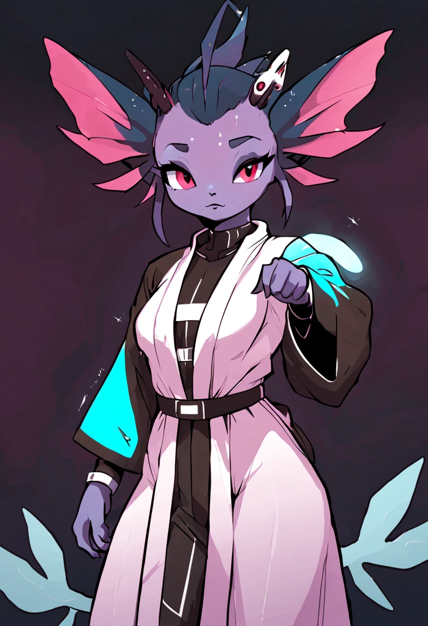 Classic 2d art style, anthropomorphic axolotl, hembra, she has a face with a serious expression, ella tiene cabello corto y de color negro con tonos violetas, ella es alta y delgada, ella tiene sus ojos de color negro, She is wearing a futuristic robe, ella esta vistiendo unos pantalones de tela de color crema.
