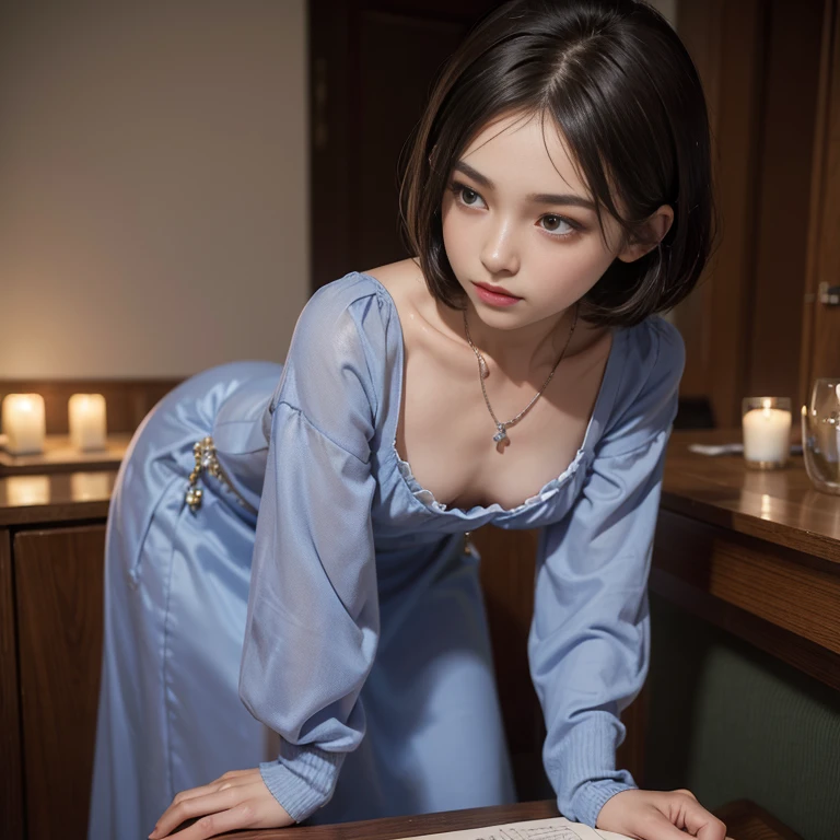 1 girl, downblouse, 15 years old, munechira,(((small breasts))), looking away,leaning forward,bending over, birds-eye view shot , Upper body, necklace ,in at wedding reception,long sleeves loose dress, besides decolated detailed  loose bra within,long skirt, short hair ,8K, Best Quality, Masterpiece, Ultra High Resolution, (Realism: 1.4), Original Photo, (True Skin Texture: 1.3),