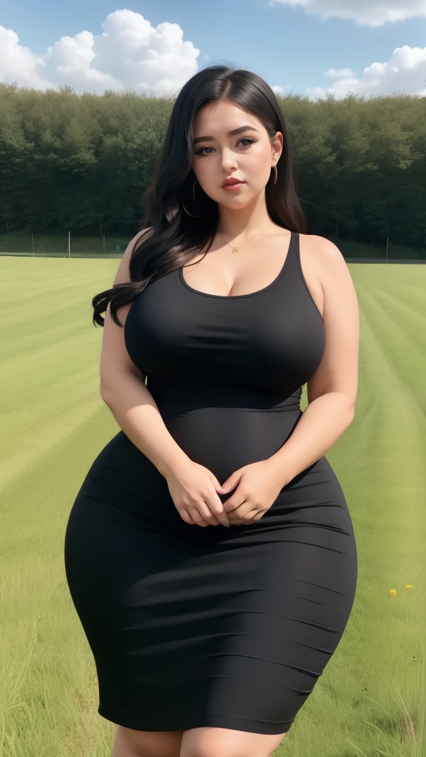 a woman in a black dress standing in a field, she is wearing a black dress, thicc, she has a jiggly fat round belly, wearing a tight black dress, cute black dress, wearing a black dress, wearing black dress, black dress, she is wearing a black tank top, ???? dress, giant stunning goddess shot, in a dress, chubby massive thighs 