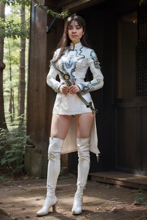 (((full body photo))) Bright and refreshing space、White is the key.、Smiling kindly、peaceful、Tiere、Not a person、unmanned、in woods、White Wolf、cyborgs、Metal Wolf、Have a beautiful sword、Shining blue eyes、１bolt、(intricate-detail)、nffsw、(intricate-detail、ultra-detailliert:1.2)、Cinematic shots、vignettes、central
