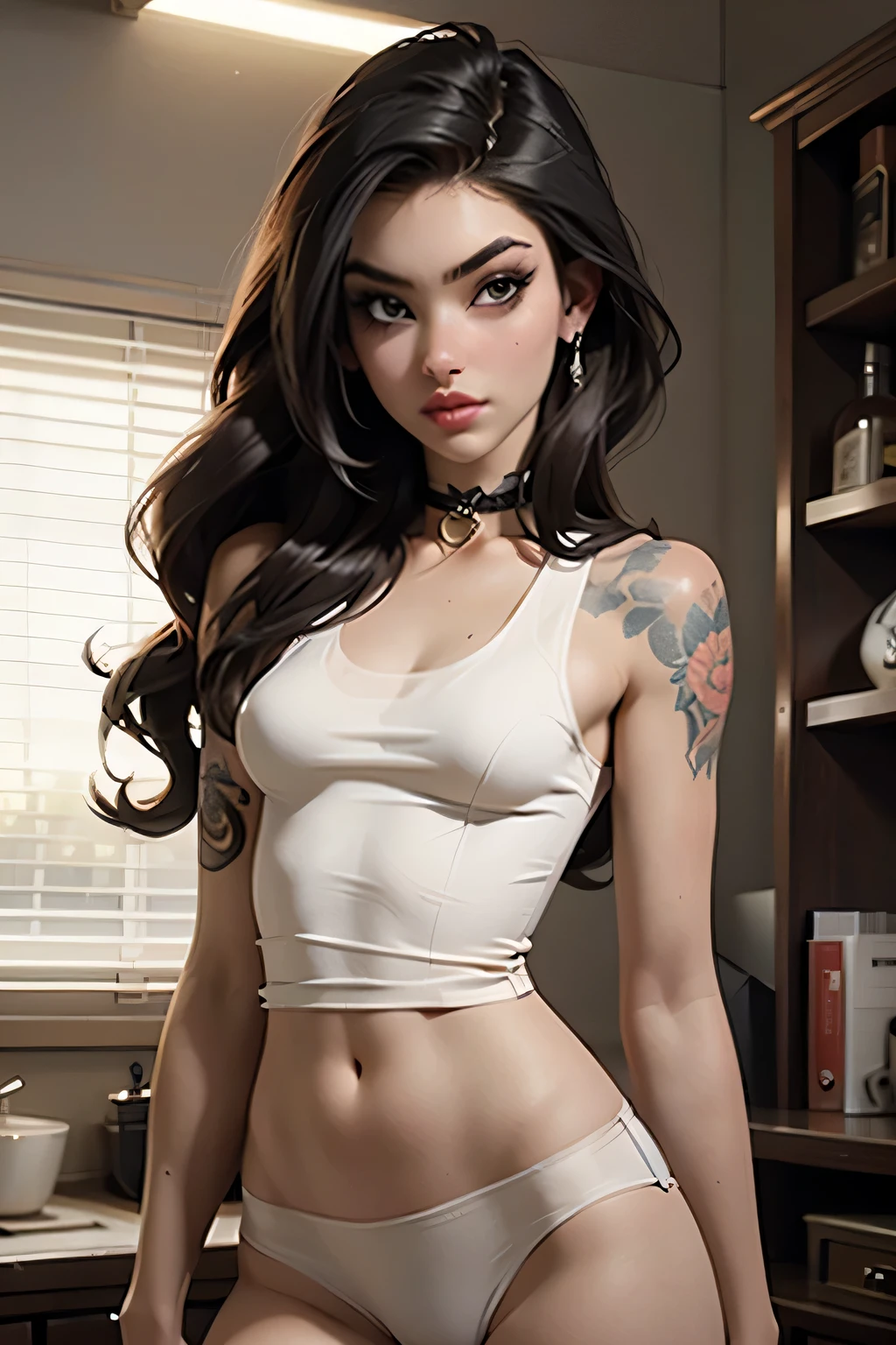 arafed gothic woman with tattoos wearing see through white tank top with no bra and white panties, (slender body: 1.4), small breasts, madison beer, dark brunette hair, inked, dark thick eyebrows, pronounced chin, looks like fabiula nascimento, marischa becker, julia fuentes, soft devil queen madison beer, sexy look, tattooed, instagram model, fernanda suarez, (photorealistic), Seductive, Sexy