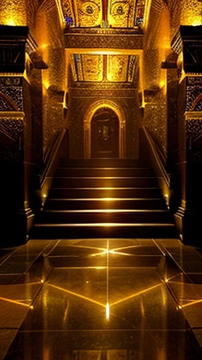 Golden chamber inside an Egyptian pyramid illuminated by light