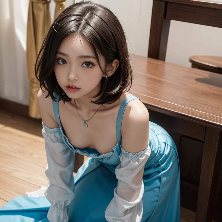 1 girl, downblouse, 15 years old, munechira,(((small breasts))), looking away,leaning forward,bending over, birds-eye view shot , Upper body, necklace ,in at wedding reception,long sleeves loose dress, besides decolated detailed  loose cute bra within,long skirt, short hair ,8K, Best Quality, Masterpiece, Ultra High Resolution, (Realism: 1.4), Original Photo, (True Skin Texture: 1.3),