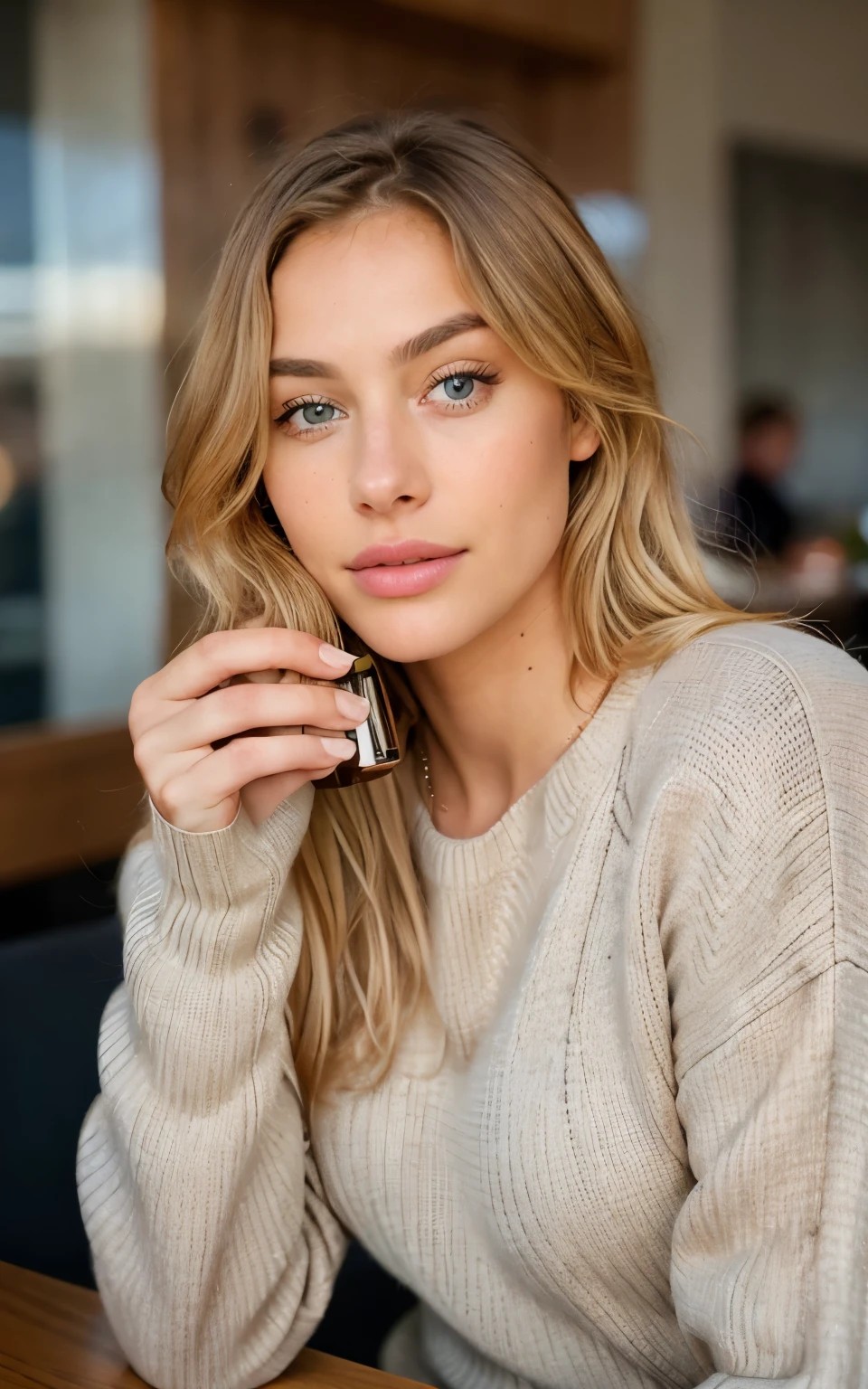 beautiful blonde wearing beige sweater (sipping coffee inside a modern café at sunset), very detailed, 21 years old, innocent face, natural wavy hair, blue eyes, high resolution, masterpiece, best quality, intricate details, highly detailed, sharp focus, detailed skin, realistic skin texture, texture, detailed eyes, professional, 4k, charming smile, shot on Canon, 85mm, shallow depth of field,  kodak vision color, perfect fit body, extremely detailed, foto_\(ultra\), photorealistic, realistic, post-processing, maximum detail, roughness, real life, ultra realistic, photorealism, photography, 8k uhd, photography