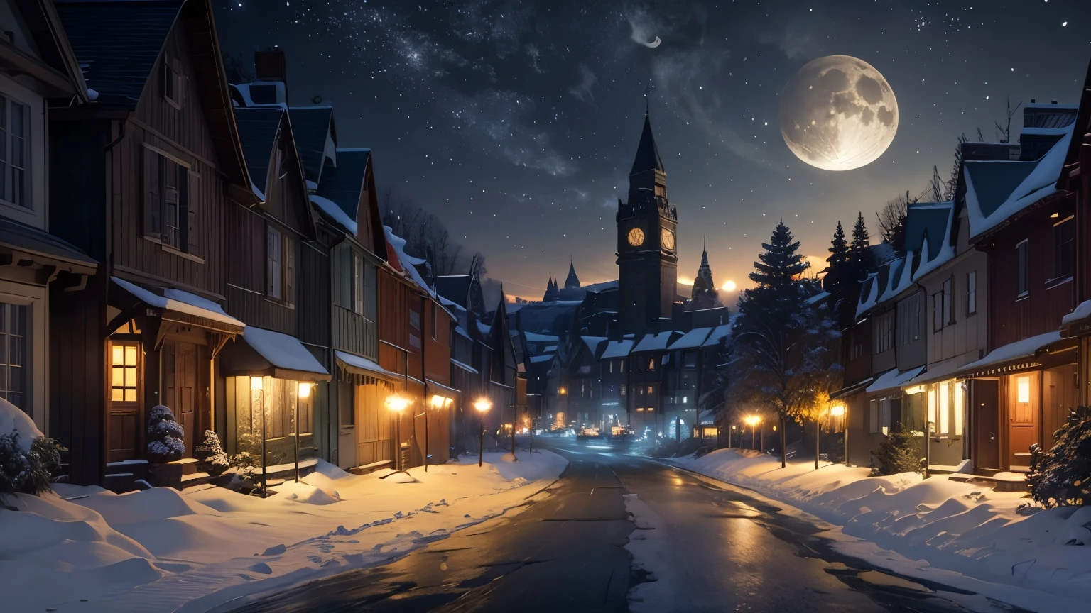 Official Art, Ancient Streets, (Lots of Fireflies), (Night), (Moon), Grassy Lanscapes, Winter Landscapes, Snow, Lights, Cozy Vibes, Clock Tower, Large Beautiful Moon, Beautiful Landscapes, Epic Landscapes, Realistic Lighting, Masterpieces, High Quality, Beautiful Graphics, High Detail, Global Illumination, Unreal Engine Rendering, Octane Rendering, (HDR:1.3), 16:9 Resolution