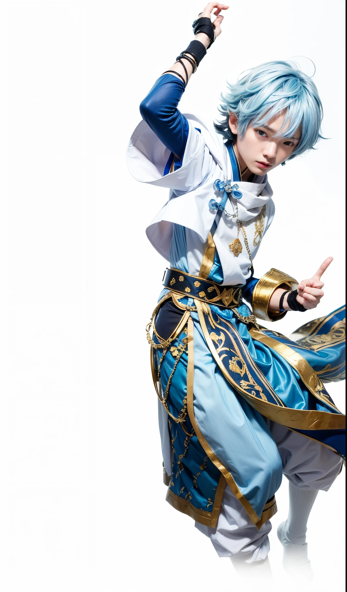 Chongyun, genshin impact, liyue, boy, male, gradient light blue hair, light blue eyes, white outer, dark blue long-sleeve inner, white trouser, gold wrist bracelet, light blue shawl, light blue jewel