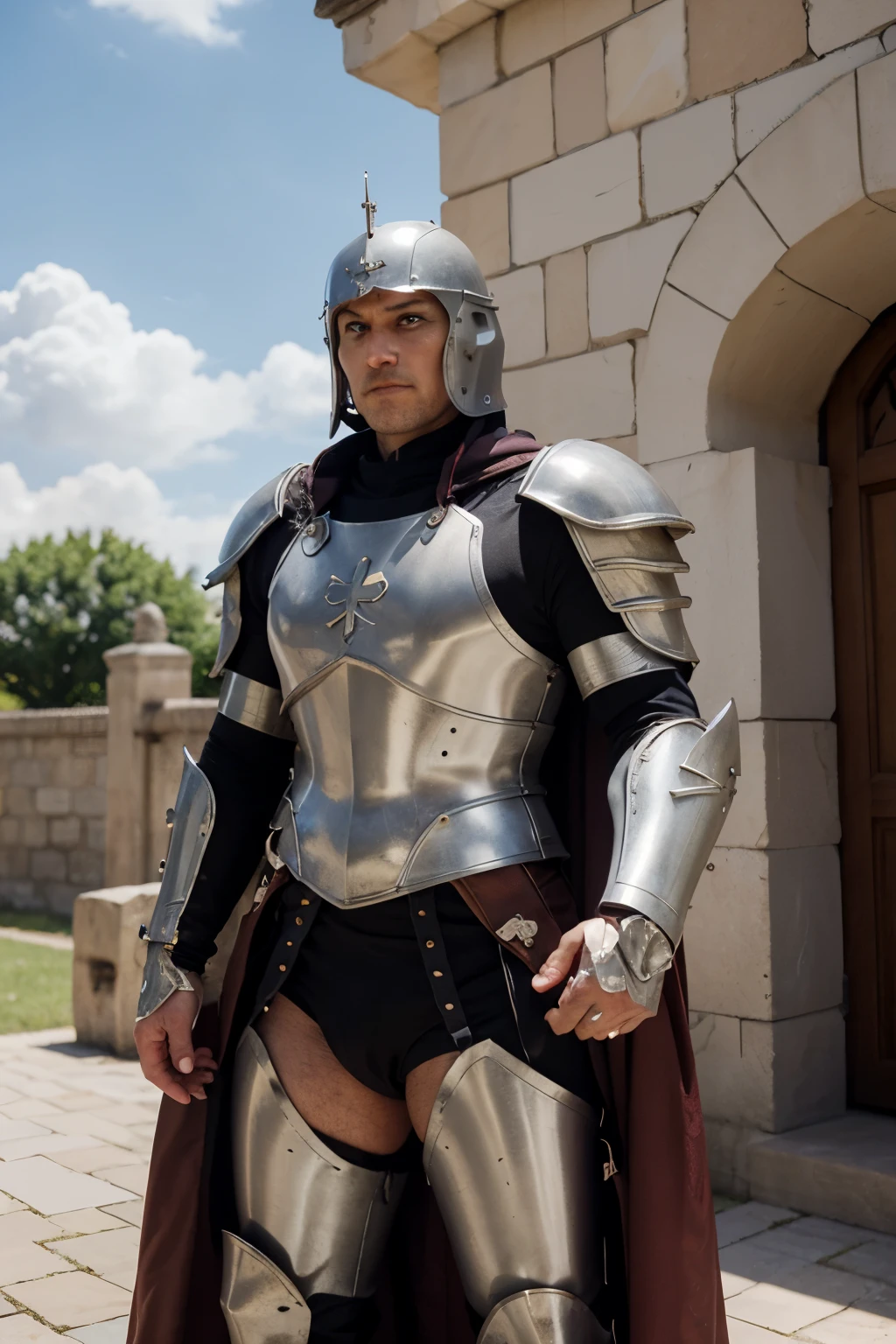 ((melhor qualidade)), ((studio ghibli art style)), (detalhado), The crusader is standing in front of a capital gate. He is wearing full plate armor without a helmet, and has a purple cape draped over his shoulders. The armor is made up of interlocking plates that are angled to deflect arrows and blows. The entire suit is carefully adorned with rich engraving and embossed detail. The crusader is holding a large shield in his left hand, which is emblazoned with a coat of arms. The shield is made of metal and has a wooden handle. The capital gate behind him is made of stone and has a pointed arch. The gate is decorated with intricate carvings and has a large wooden door in the center. The surrounding walls are made of stone and have battlements at the top. The sky is blue with a few clouds, and the sun is shining brightly.