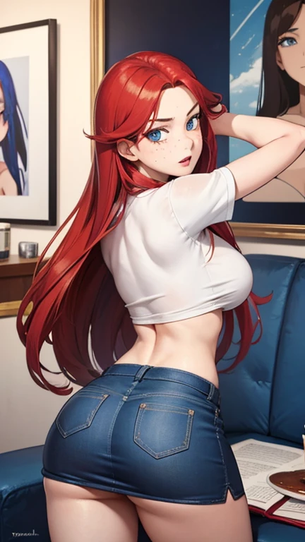 A sexy adult girl with red long straight hair, freckles, blue eyes like a model, with a perfect body, big  and perfect ass, with a white crop top and skirt with a coffee cup in her hands, resting in her sofa in her apartment with new york poster in her wall, in Pixar style