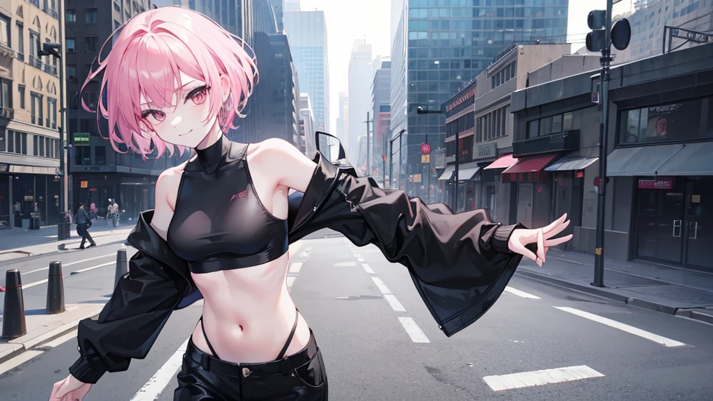 1boy, black crop top, black pants, feminine body, pale, short pink hair, small breasts, standing, city, absurdres, high res, ultrasharp, 8K, masterpiece, smiling,