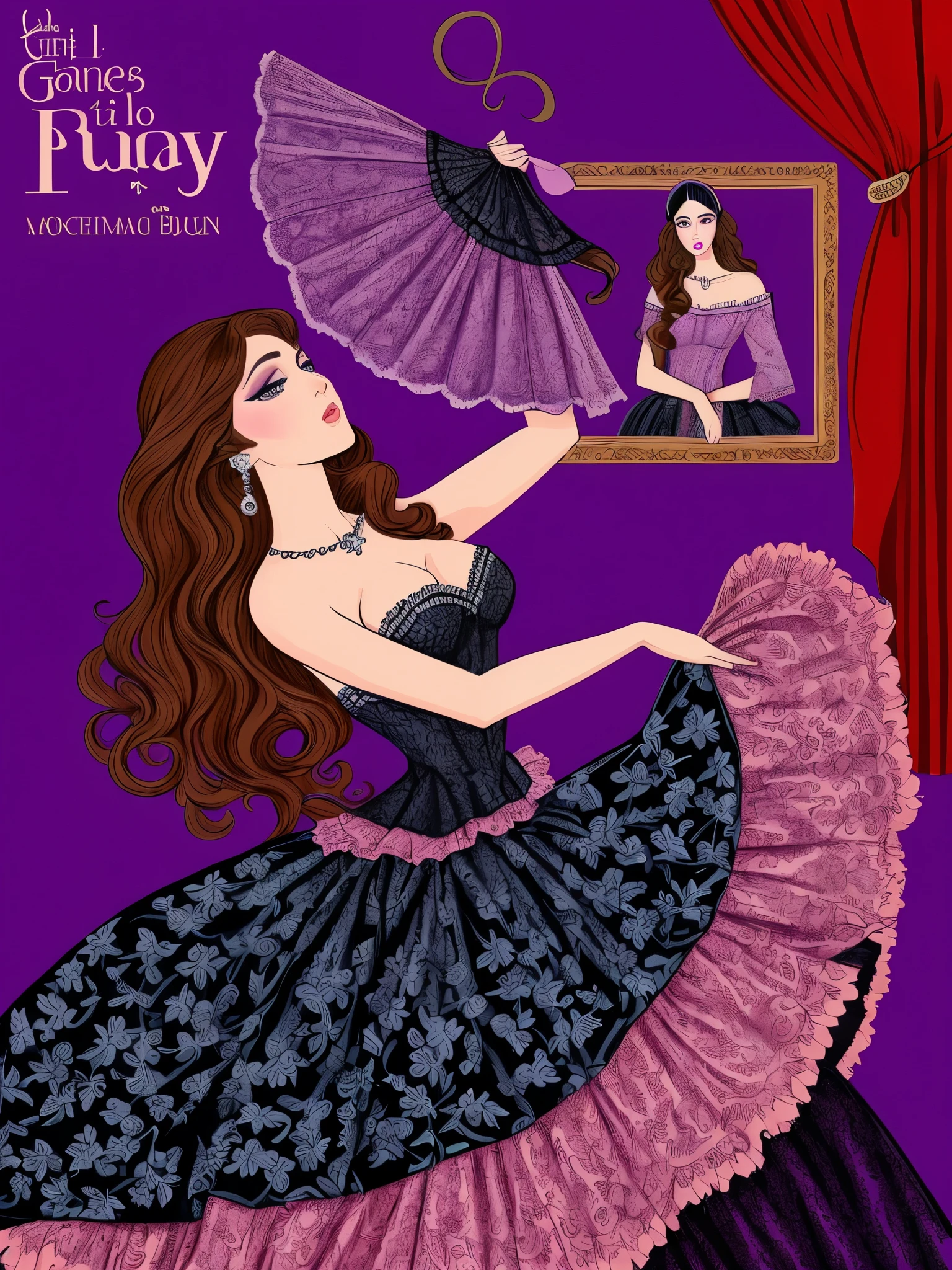 um desenho de uma mulher de vestido segurando um leque, inspirado em Francisco de Burgos Mantilla, an elegant gothic princess, inspirado em Chica Macnab, Direction: Melissa Benson, inspirado em George Barbier, detailed fashion illustration, vestido de roxo, inspirado em Toros Roslin, art cover illustration, inspired by Gina Pellón, luxury fashion illustration