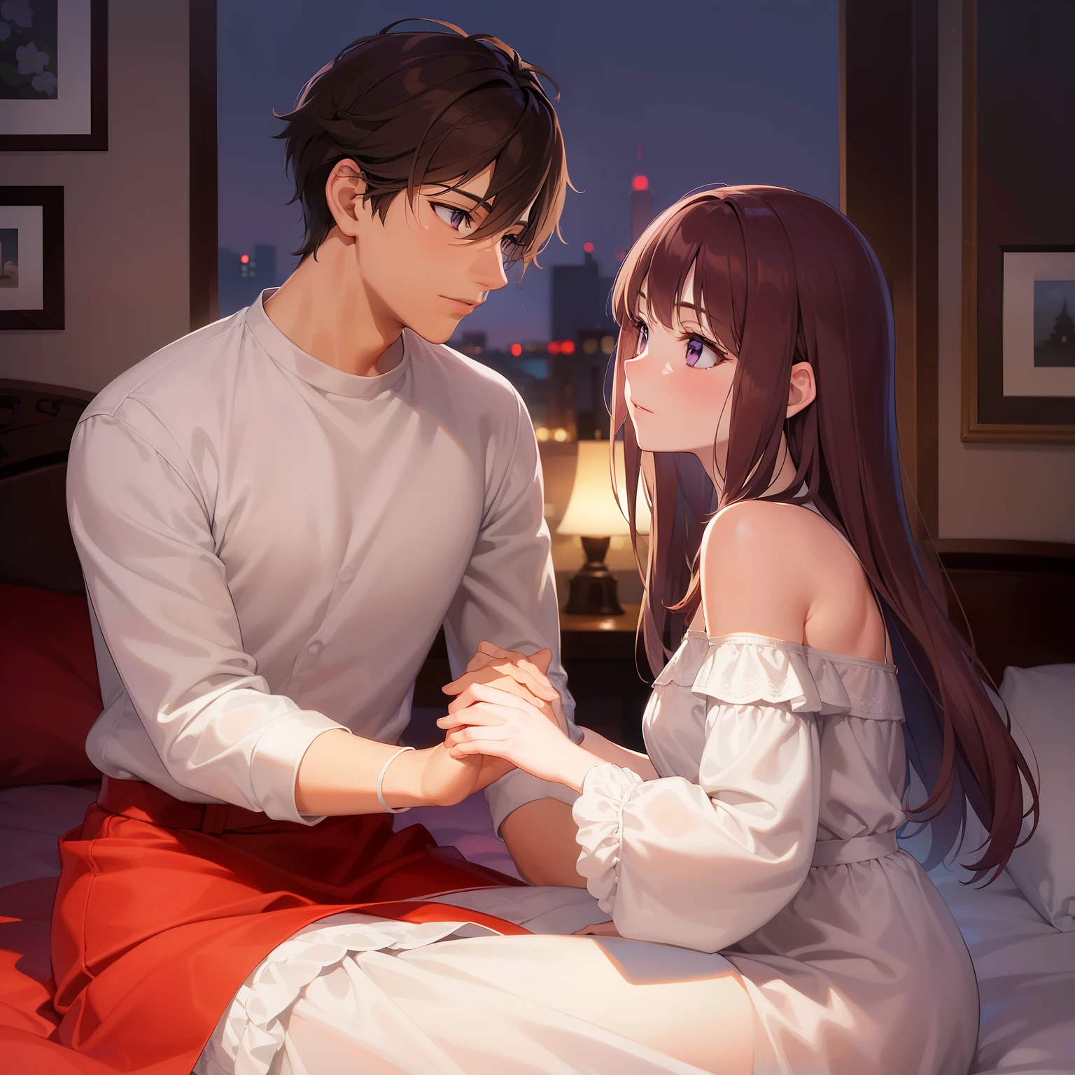 styles, ​masterpiece, top-quality, Special details, illustratio, romance, a couple, handshake, reddish, tenderness, inner strength,a bed,natta, at night,Love atmosphere white and red tones, blissful, Girl brown hair, Purple eyes, a couple, date, Profile of the dark-haired man,Purple eyes,