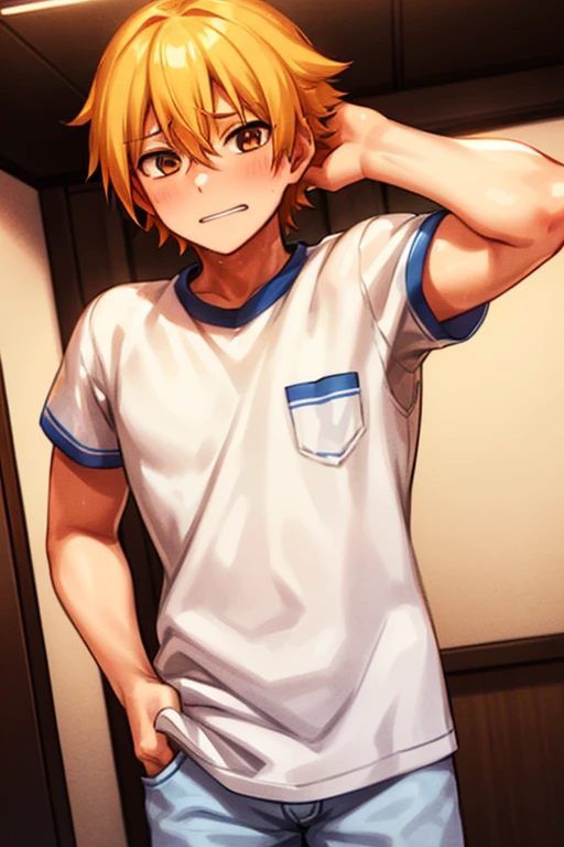 10ma_t, 1 boy blonde hair solo orange eyes, Tsukasa3rd, white shirt, blue apron, embarrassed, in a bedroom