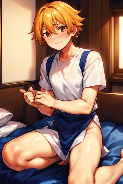 10ma_t, 1 boy blonde hair solo orange eyes, Tsukasa3rd, white shirt, blue apron, embarrassed, in a bedroom