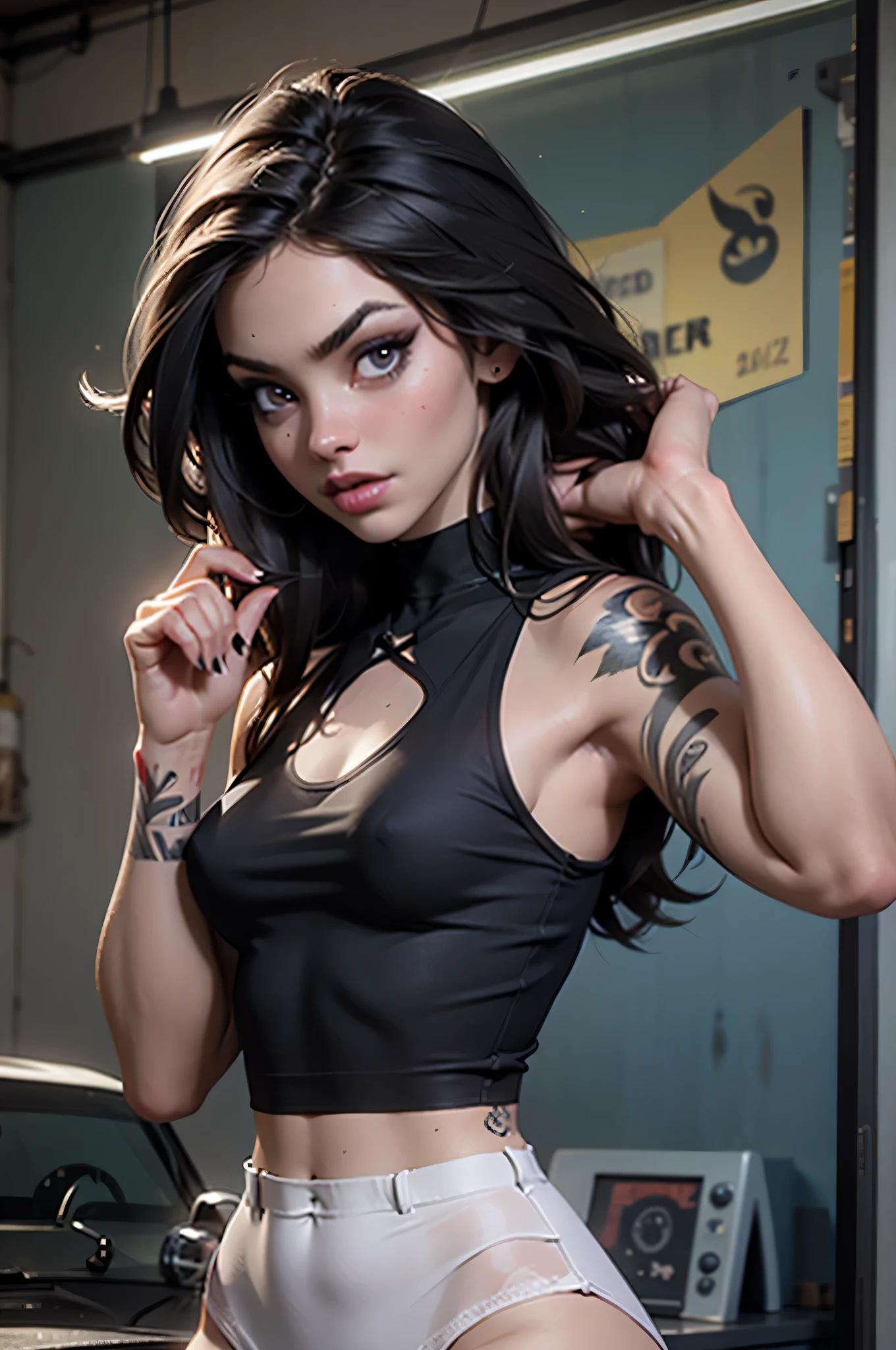 arafed gothic woman with tattoos wearing see through white tank top with no bra and white panties, (slender body: 1.4), (see through shirt 1.4), small breasts, madison beer, dark brunette hair, inked, dark thick eyebrows, pronounced chin, looks like fabiula nascimento, marischa becker, julia fuentes, soft devil queen madison beer, sexy look, tattooed, instagram model, fernanda suarez, (photorealistic), Seductive, Sexy