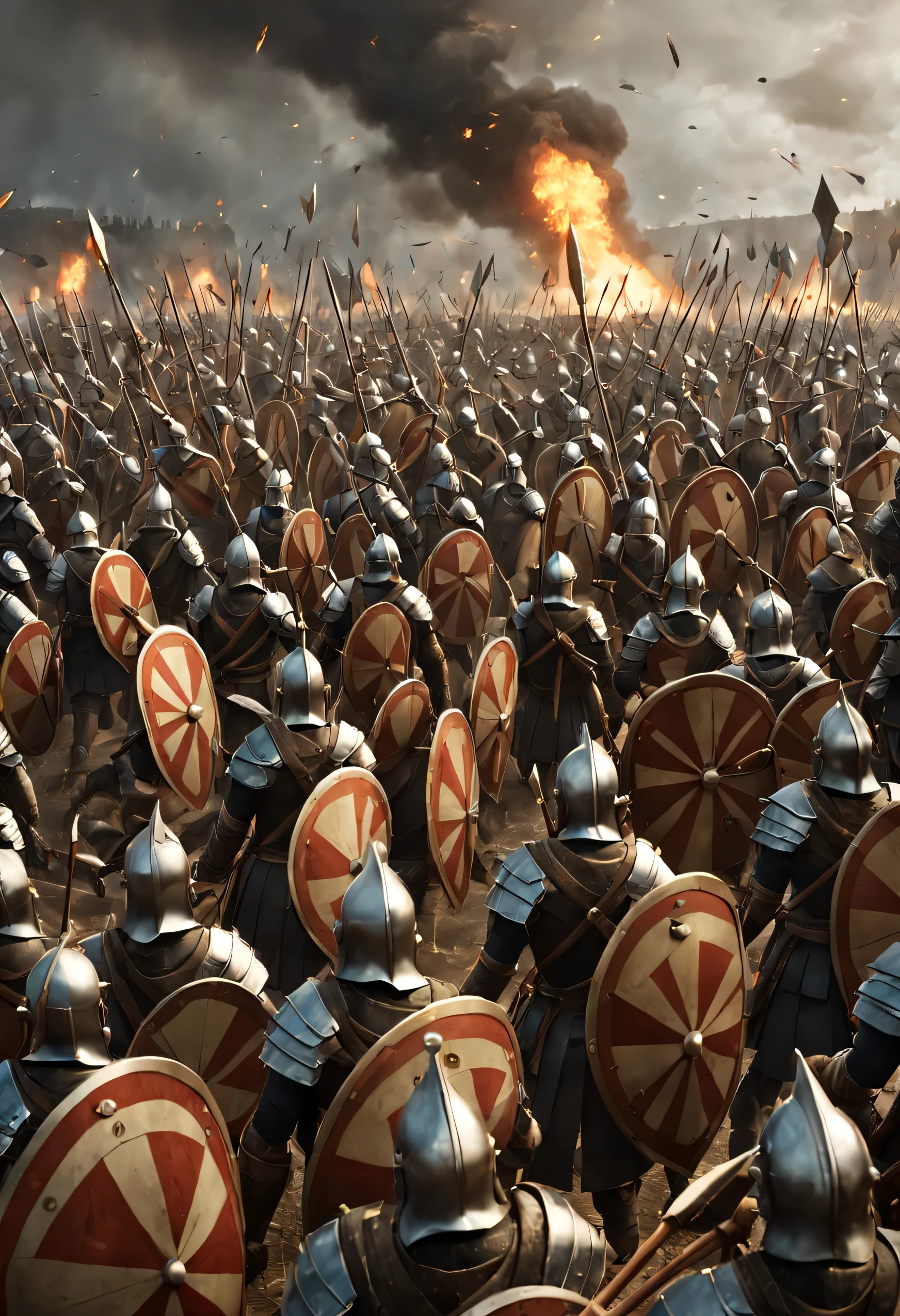 Artwork capturing the symphony of arrows and shields in battle. epic, 8k