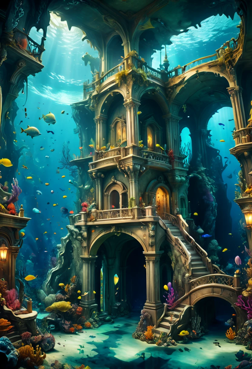 a treasure map in the underwater palace, mysterious, fantasy, panoramic view, Ultra high saturation, (best quality, masterpiece, Representative work, official art, Professional, 8k)