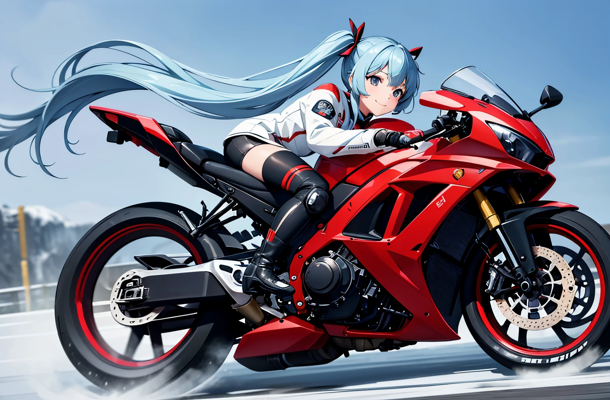 highest quality, dynamic mode、masterpiece, Ultra-high resolution, Realistic, 1 girl,(Light blue long hair Twin tails),Iris,(smile)(Riding a race motorcycle),(Ride Kits),Red Motorcycle,Speeding、Wide-angle、Large in the center