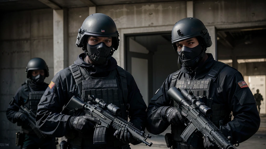 (Best quality,4K,8K,A high resolution,Masterpiece:1.2),Ultra-detailed,(Realistic,Photorealistic,photo-realistic:1.37), One of them wore a black SWAT uniform,Man in black helmet, A man in a black mask holds a gun, Air rifle CQB, French Special Operations, realistic soldiers, Soldiers in tactical equipment, tactical gear, cinematic —ar 16:9, realistic military equipment, Tactical armor, Black tactical equipment, combat outfit, Futuristic soldier costume, special forces security(Best quality,4K,8K,A high resolution,Masterpiece:1.2),Ultra-detailed,(Realistic,Photorealistic,photo-realistic:1.37), One of them wore a black SWAT uniform,Man in black helmet, A man wearing a black skull mask holds a gun, assault rifle,CQB, French Special Operations, realistic soldiers, Soldiers in tactical equipment, tactical gear, cinematic —ar 16:9, realistic military equipment, Tactical armor, Black tactical equipment, combat outfit, Futuristic soldier costume, special forces security,FBI official,Zombie crisis,Zombie background,There was chaos,Police shoot at zombies