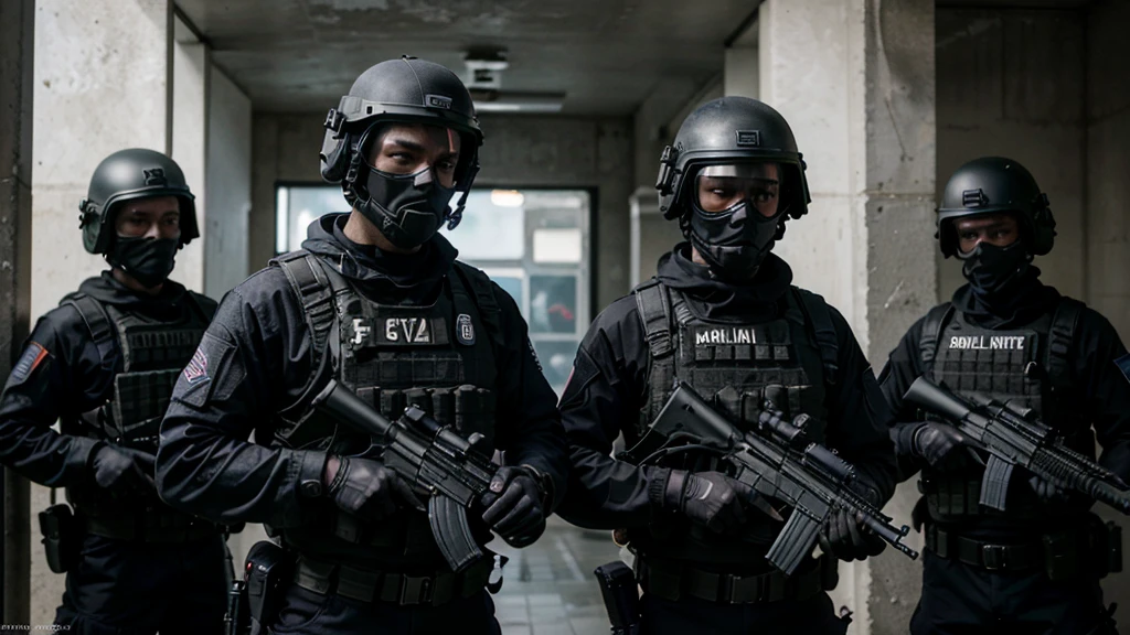 (Best quality,4K,8K,A high resolution,Masterpiece:1.2),Ultra-detailed,(Realistic,Photorealistic,photo-realistic:1.37), One of them wore a black SWAT uniform,Man in black helmet, A man in a black mask holds a gun, Air rifle CQB, French Special Operations, realistic soldiers, Soldiers in tactical equipment, tactical gear, cinematic —ar 16:9, realistic military equipment, Tactical armor, Black tactical equipment, combat outfit, Futuristic soldier costume, special forces security(Best quality,4K,8K,A high resolution,Masterpiece:1.2),Ultra-detailed,(Realistic,Photorealistic,photo-realistic:1.37), One of them wore a black SWAT uniform,Man in black helmet, A man wearing a black skull mask holds a gun, assault rifle,CQB, French Special Operations, realistic soldiers, Soldiers in tactical equipment, tactical gear, cinematic —ar 16:9, realistic military equipment, Tactical armor, Black tactical equipment, combat outfit, Futuristic soldier costume, special forces security,??? official,Zombie crisis,Zombie background,There was chaos,Police shoot at zombies