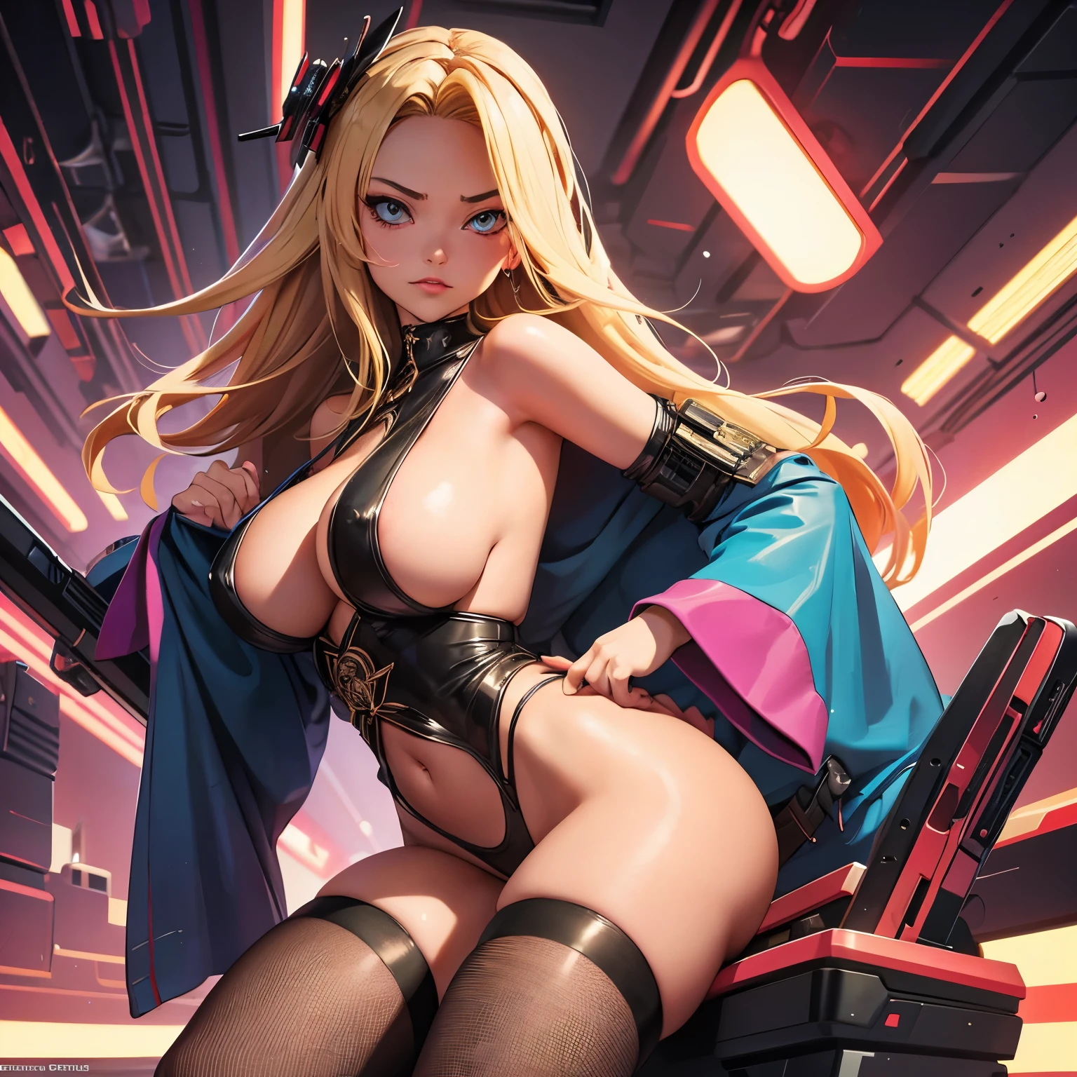 Solo, 1girl, Incredibly beautiful girl, blonde loose straight hair , perfect body, wearing Victoria'sSecret lingerie, ample cleavage, geisha makeup, elements of cyberpunk themes, highest quality, nsfw,  stylized art, erotic art, huge soft breasts, ecchi, hentai, alot sexier, sexual poses, bare breasts, completely nude, simple backdrop, fishnet stockings and garters, extreme closeup artgerm portrait 