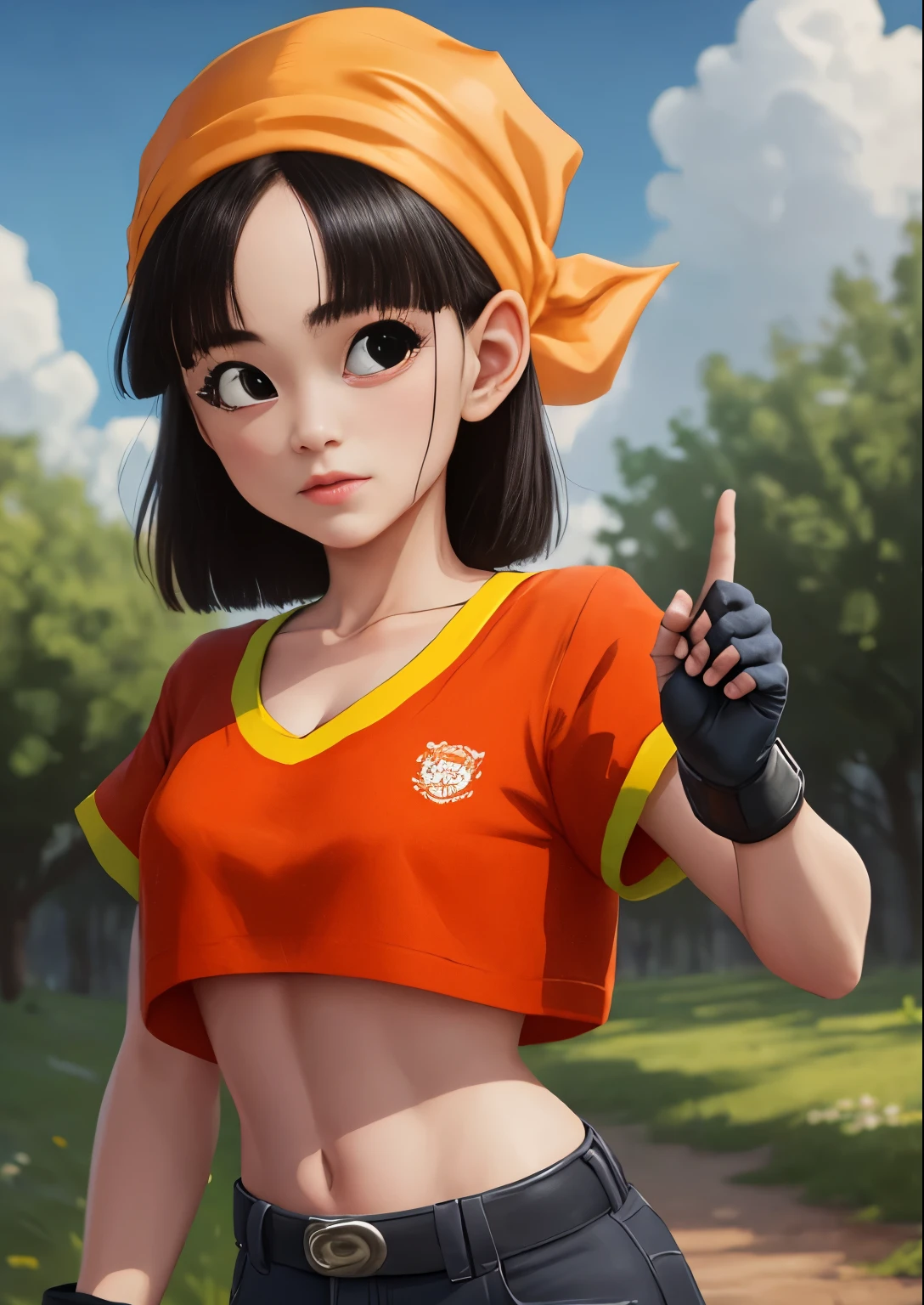 masterpiece, best quality, highest quality, photorealistic, perfect anatomy, perfect face, perfect eyes,
pandballgt, 1girl, black eyes, black hair, short hair, orange bandana, fingerless gloves, red shirt, crop top, outdoors, pubic shape smooth