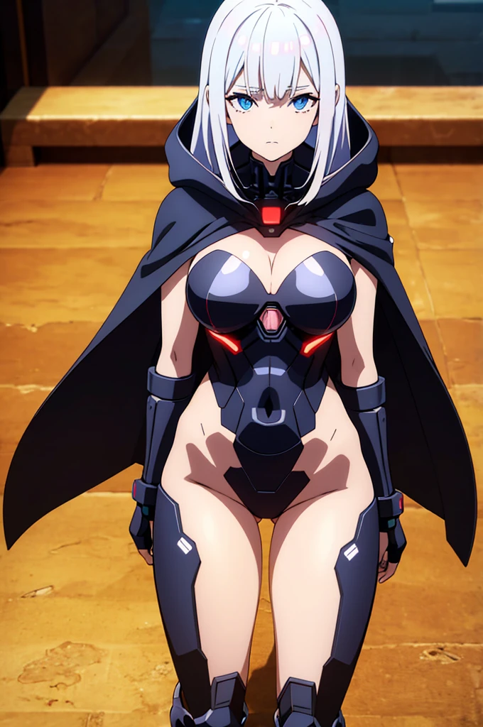 a cybernetic woman, com um corpo inteiro escultural perfeito, realista, barriga aparecendo, (Seios grandes e perfeitos), Decote, 3D, with hood on the head and a cape, e uma viseira vermelha no olho direito, anime style 3D, ultra realista, High definition,  