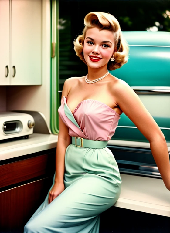 Portrait of a beautiful young housewife, smiling, wearing a pastel pink dress, The picture is taken with an analog camera in the 1950s. People wearing traditional 50s style clothes, people having traditional 50s haircuts, Photo by William Eggleston, 50s look, highly detailed, slightly washed out pastel color, slightly blurred, slightly grainy, film photography