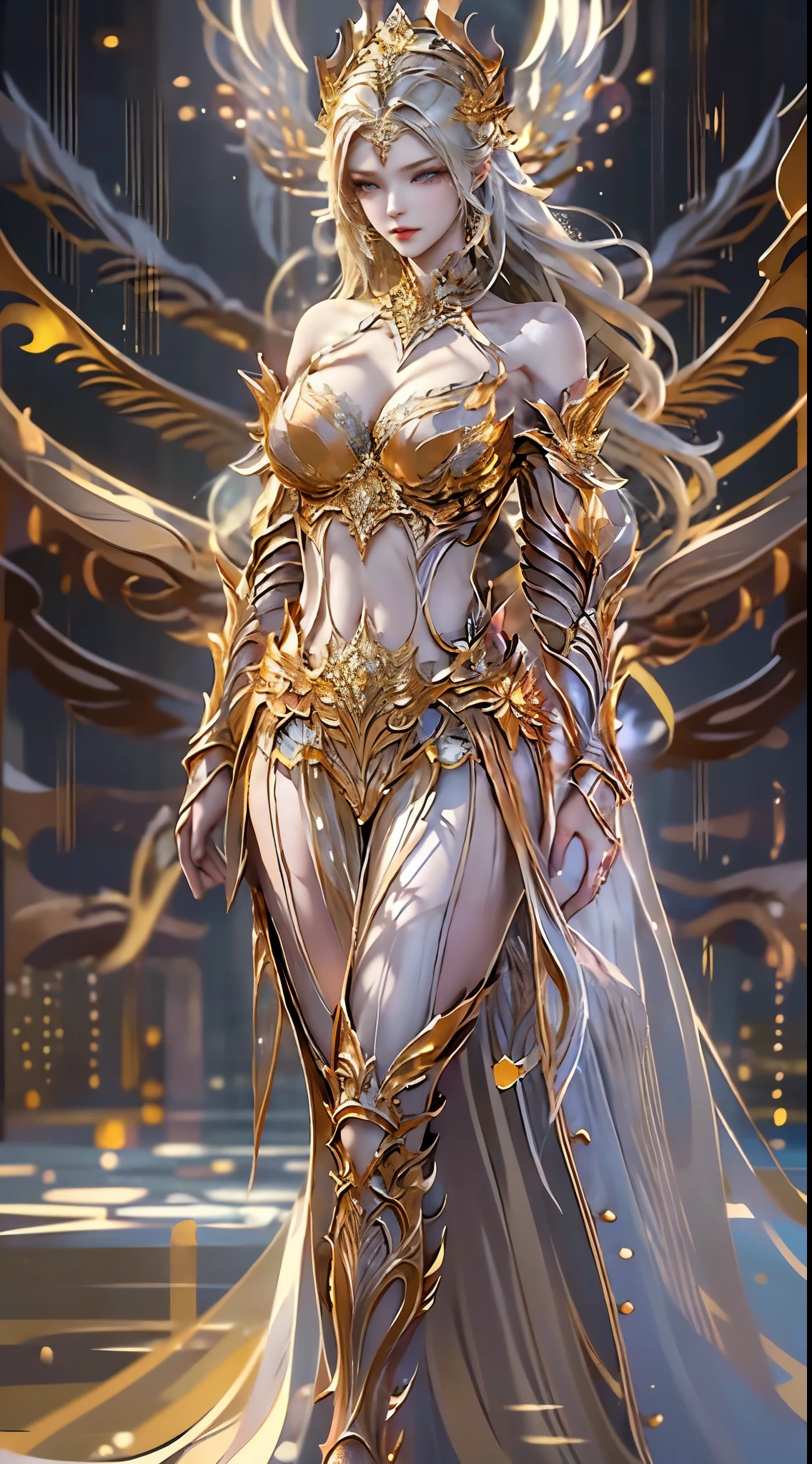 Woman in a golden transparent dress,view the viewer,(((Huge breasts, Large cleavage))),Slim waist,(navel baring,Bare waist), Long hair, Ultra-detailed details,High-end Zhenyi station, Rainstorm site, detailed fantasy art, Stunning character art, Beautiful and exquisite character art, Beautiful gold and silver armor, Extremely detailed, Girl in shiny armor, Exquisite tiaras and jewelry,Crystal jewelry filigree, milky ways, Stunning visuals, (dynamic streaks, light tracks:1.2), Vibrant colors,
